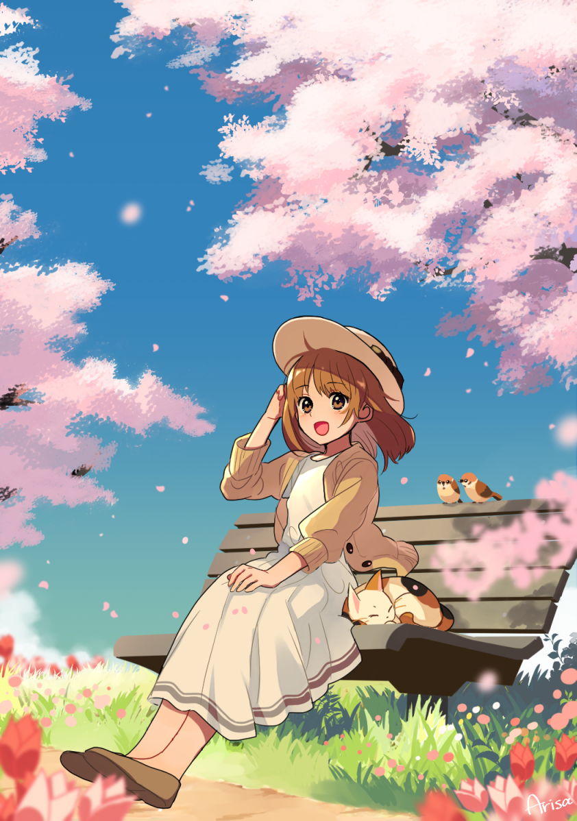 1girl :d animal arisa_(aren) arm_up artist_name bench bird black_eyes blush brown_cardigan brown_footwear brown_headwear buttons cardigan cat cherry_blossoms day dress eyes_visible_through_hair falling_petals flower full_body grass hand_on_own_knee hat long_dress medium_hair on_bench open_cardigan open_clothes open_mouth orange_eyes orange_hair original outdoors park_bench petals plant puffy_sleeves red_flower shoe_soles shoes signature sitting sitting_on_bench sleeves_past_elbows smile solo tree tulip white_dress wind