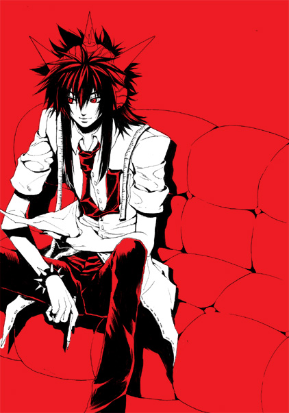 1boy aoki_keito beatmania_iidx bracelet buttons closed_mouth collared_shirt commentary_request couch feet_out_of_frame hair_between_eyes headphones jewelry long_bangs long_hair looking_afar looking_to_the_side male_focus monochrome necktie pants red_theme shem shirt short_sleeves sidelocks simple_background sitting smile solo spiked_bracelet spiked_hair spikes tape_measure