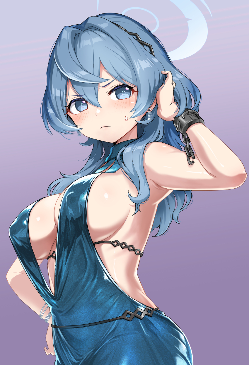 1girl ako_(blue_archive) ako_(dress)_(blue_archive) backless_dress backless_outfit blue_archive blue_dress blue_eyes blue_hair blue_halo blush breasts closed_mouth cuffs dress hair_between_eyes halo handcuffs highres large_breasts long_hair official_alternate_costume sideboob sleeveless sleeveless_dress solo zaxwu