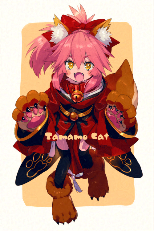 1girl aged_down animal_ear_fluff animal_ears animal_hands bell black_thighhighs blush_stickers character_name commentary_request echo_(circa) fangs fate/grand_order fate_(series) fox_ears fox_girl fox_tail gloves hair_ribbon japanese_clothes kimono long_hair neck_bell open_mouth paw_gloves paw_shoes pink_hair red_kimono red_ribbon ribbon smile solo tail tamamo_(fate) tamamo_cat_(fate) thighhighs tongue twitter_username yellow_eyes