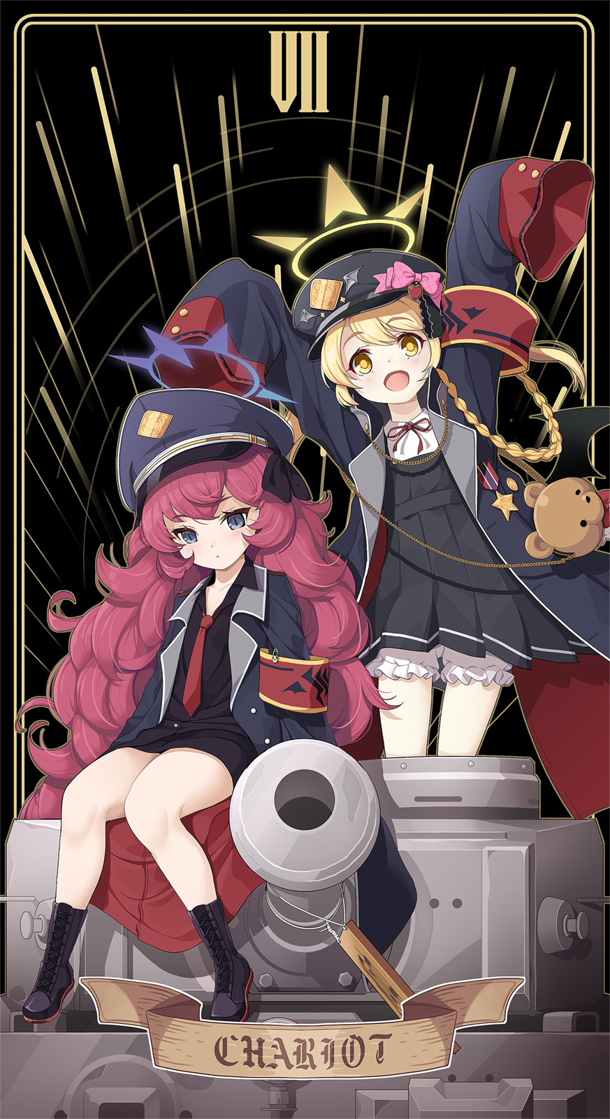 2girls black_headwear blonde_hair bloomers blue_archive commentary_request grey_eyes halo hat highres ibuki_(blue_archive) iroha_(blue_archive) koflif long_hair military_vehicle motor_vehicle multiple_girls peaked_cap purple_halo red_hair side_ponytail sitting standing tank tarot the_chariot_(tarot) tiger_i white_bloomers yellow_eyes yellow_halo