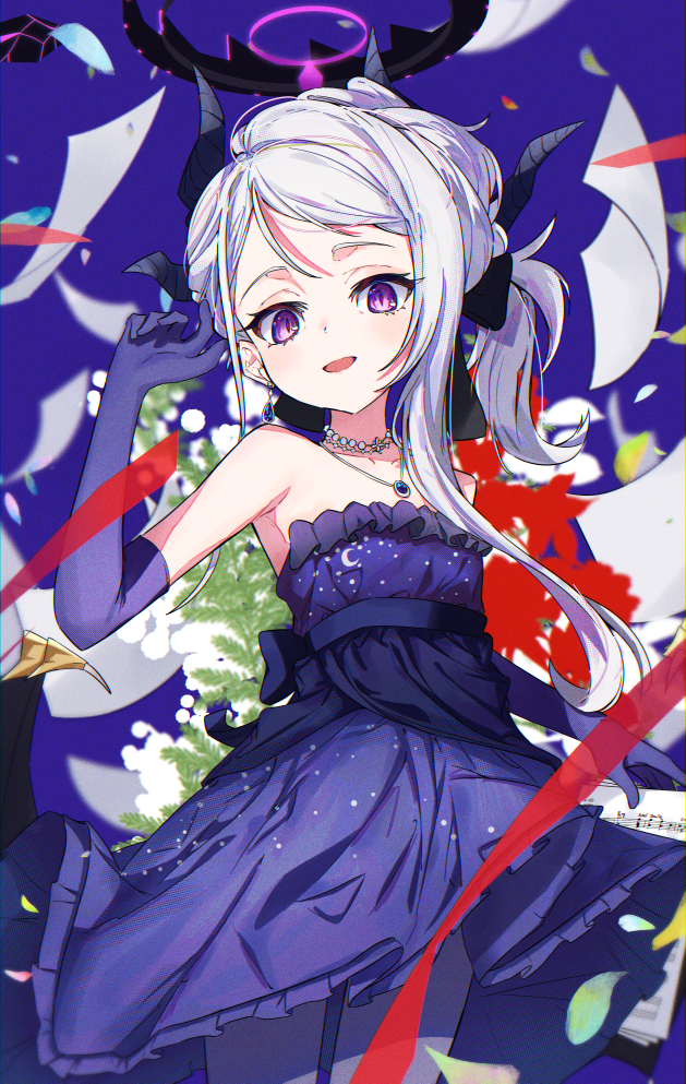 1girl armpits black_horns black_wings blue_archive blush cowboy_shot demon_horns demon_wings dress elbow_gloves gloves grey_hair halo hanozuku hina_(blue_archive) hina_(dress)_(blue_archive) holding holding_paper horns long_hair looking_at_viewer multiple_horns official_alternate_costume official_alternate_hairstyle open_mouth pantyhose paper purple_dress purple_eyes purple_gloves purple_pantyhose sheet_music smile solo strapless strapless_dress wings