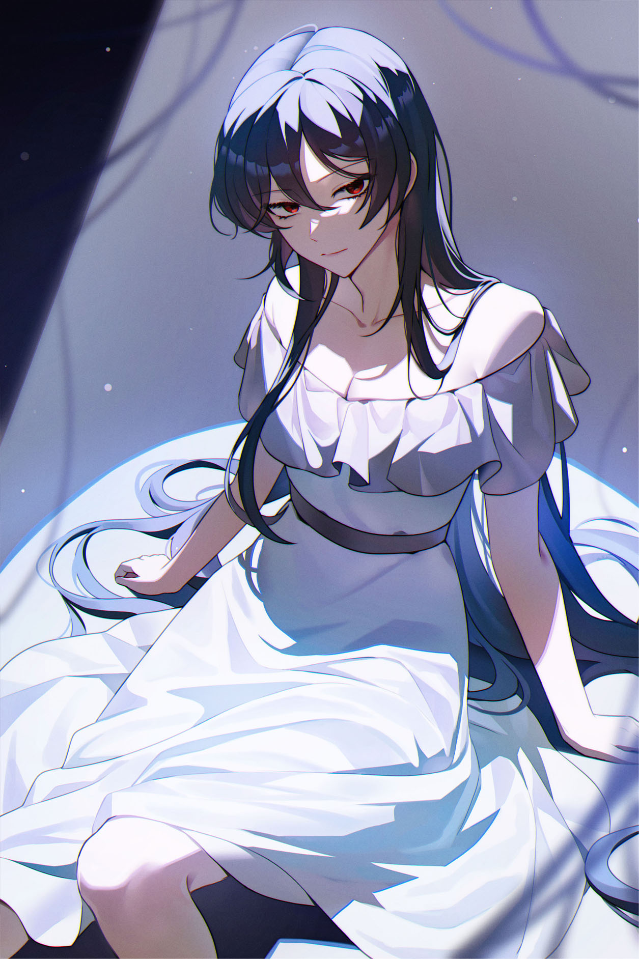 1girl bare_shoulders black_hair breasts cleavage closed_mouth collarbone commentary dress frilled_dress frills gahi highres long_hair looking_at_viewer medium_breasts original red_eyes sidelocks sitting solo symbol-only_commentary very_long_hair white_dress