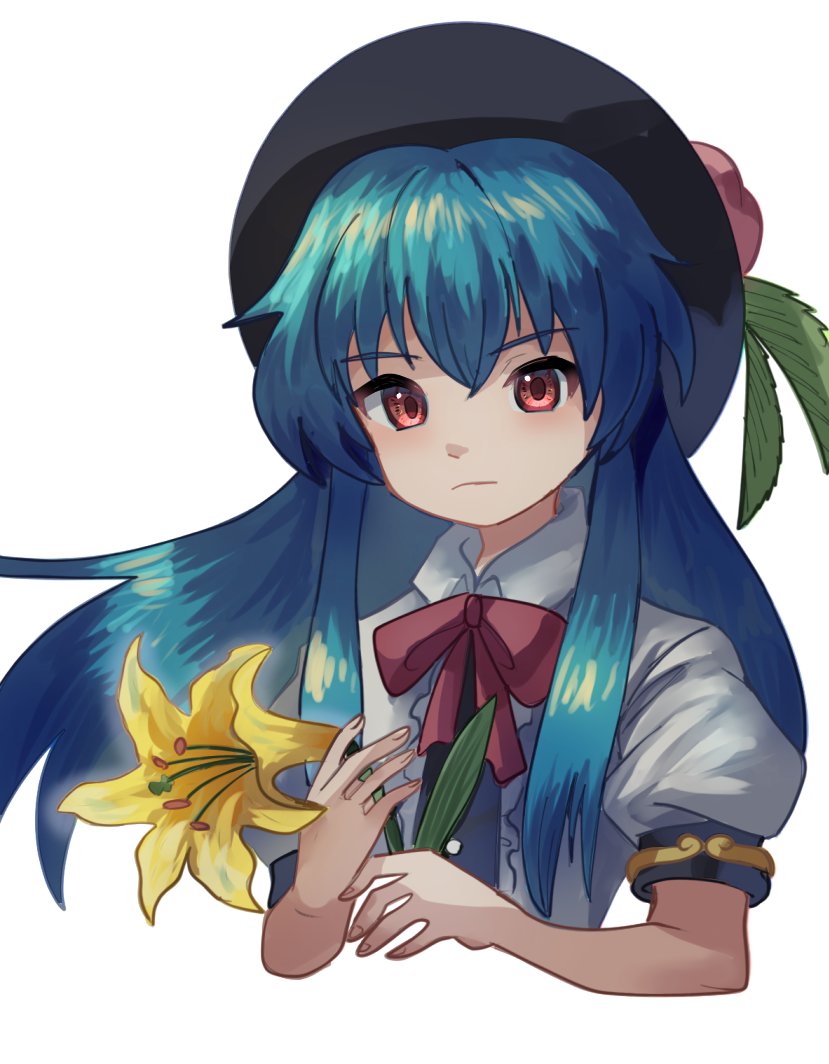 1girl :| black_headwear blue_hair bow bowtie center_frills closed_mouth collared_shirt cropped_torso fedora flower frills hat hinanawi_tenshi holding holding_flower long_hair peach_hat_ornament plus2sf puffy_short_sleeves puffy_sleeves red_bow red_bowtie red_eyes shirt short_sleeves sidelocks simple_background solo touhou white_background white_shirt yellow_flower