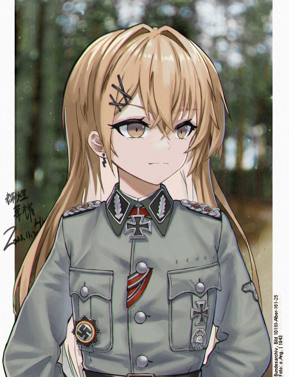 1girl blonde_hair blurry closed_mouth cross depth_of_field forest girls'_frontline grey_jacket hair_ornament highres huihuang_rongyao iron_cross jacket long_hair long_sleeves military_uniform nature ppk_(girls'_frontline) solo swastika uniform wehrmacht yellow_eyes