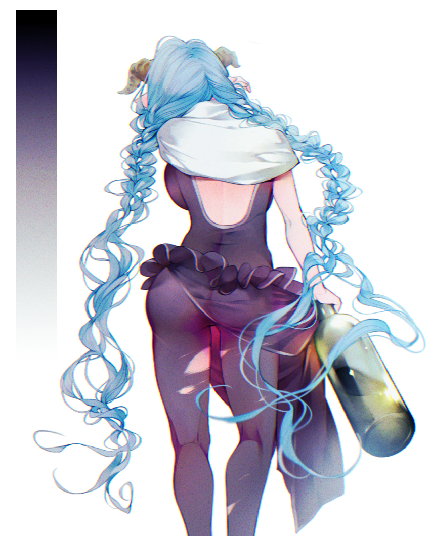 1girl arm_at_side ass backboob backless_outfit black_dress black_footwear blue_hair bodysuit bodysuit_under_clothes bottle braid breasts capelet draph dress drink facing_away feet_out_of_frame floating_hair frilled_dress frills from_behind g9l33 granblue_fantasy hair_half_undone hand_up holding holding_bottle horns lamretta long_hair pantyhose pointy_ears side_slit simple_background skin_tight skirt_hold solo standing torn_clothes torn_pantyhose twin_braids twintails very_long_hair white_background white_capelet wine_bottle wiping_face