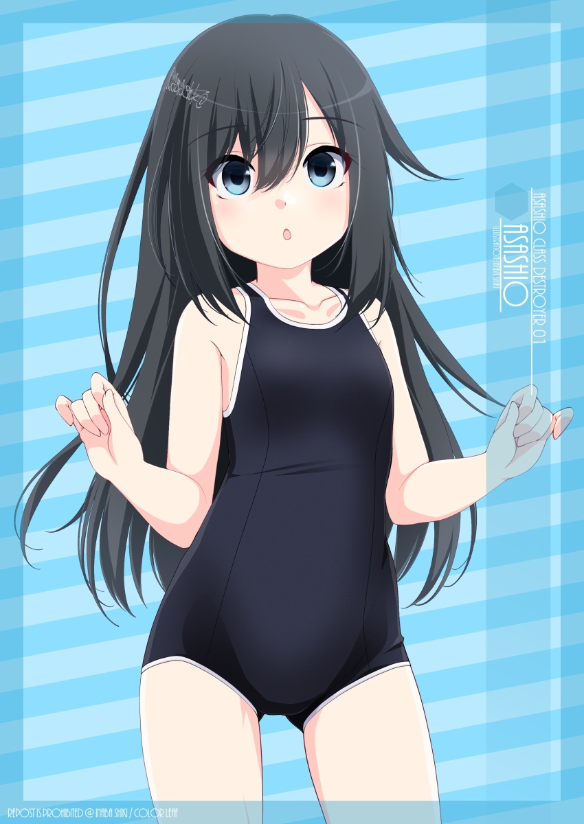 1girl asashio_(kancolle) black_hair blue_background blue_eyes blue_one-piece_swimsuit blush breasts character_name commentary_request covered_navel highres inaba_shiki kantai_collection long_hair looking_at_viewer new_school_swimsuit one-piece_swimsuit school_swimsuit small_breasts smile solo swimsuit