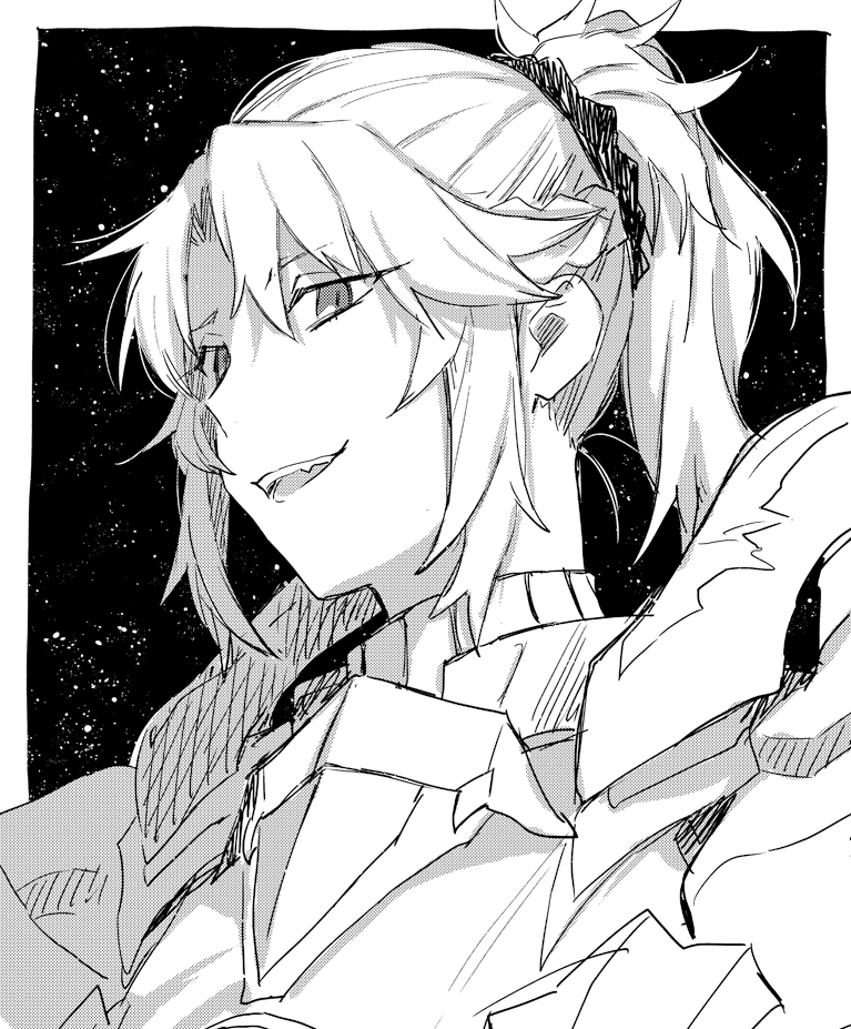 1girl :d armor border braid fang fate/apocrypha fate_(series) french_braid greyscale hair_ornament hair_scrunchie long_hair medium_hair monochrome mordred_(fate) mordred_(fate/apocrypha) open_mouth outside_border parted_bangs ponytail scrunchie sidelocks simple_background smile solo upper_body wani_(mezo)