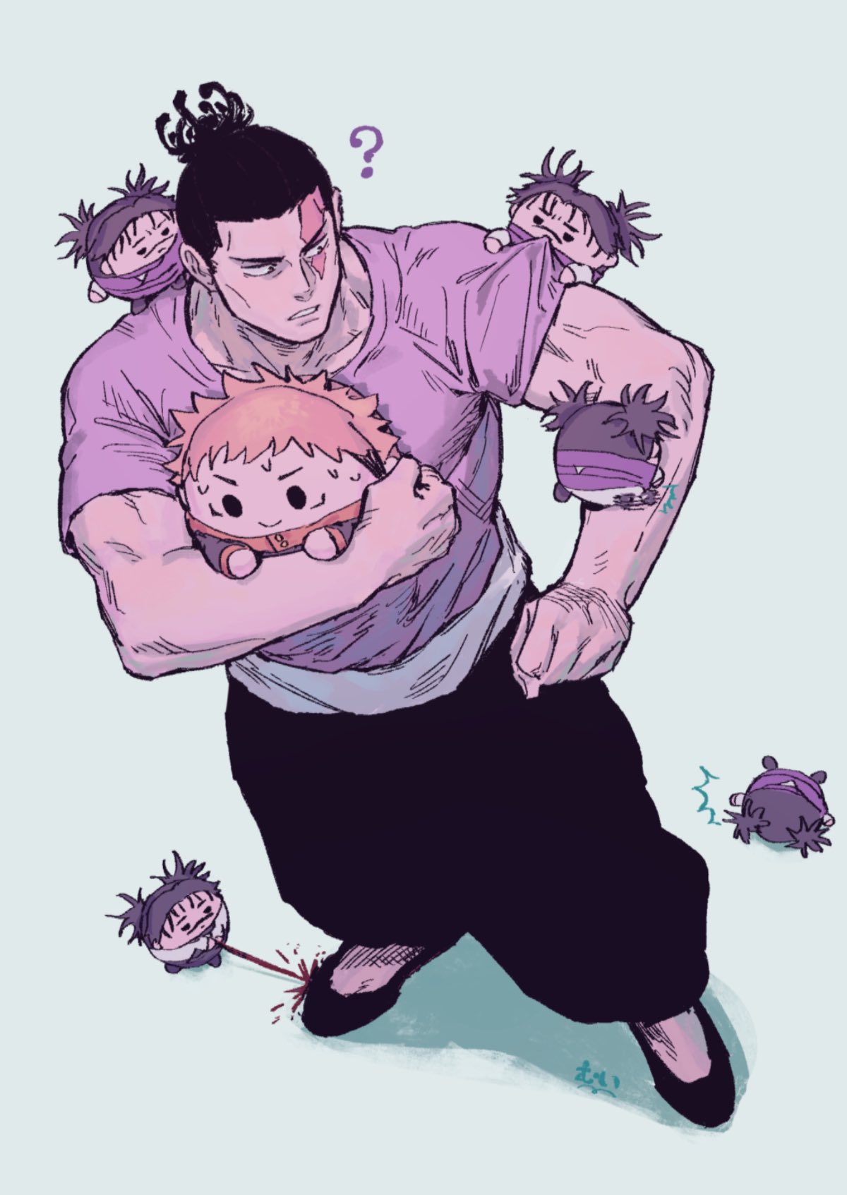 3boys ? black_hair choso_(jujutsu_kaisen) clone confused doll full_body hemokinesis highres holding holding_doll itadori_yuuji jealous jujutsu_kaisen love_triangle male_focus muiboido multiple_boys muscular muscular_male pectorals protecting scar scar_across_eye shirt short_hair sideburns solid_oval_eyes solo_focus standing t-shirt toudou_aoi_(jujutsu_kaisen) undercut yaoi