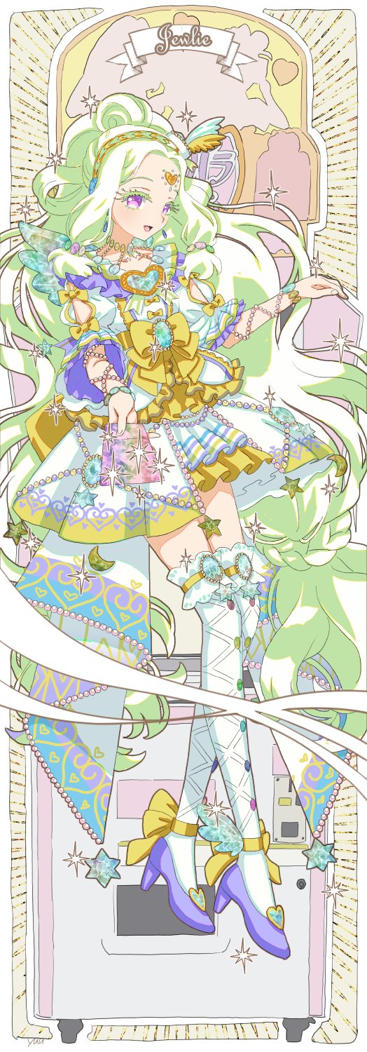 1girl arcade_cabinet border bow character_name commentary_request crescent dress frilled_dress frills full_body green_hair headphones high_heels highres jewlie_(pripara) long_hair looking_at_viewer open_mouth parted_bangs pretty_series pripara priticket purple_eyes purple_footwear smile standing star_(symbol) thighhighs very_long_hair white_border white_dress white_thighhighs yellow_bow yu_(prpyuu)