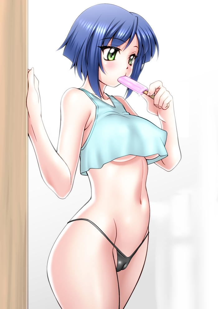 1girl black_panties blue_hair blue_tank_top blurry blurry_background blush bob_cut breasts cameltoe commentary_request cowboy_shot crop_top fingernails food food_in_mouth green_eyes holding holding_food holding_popsicle kashiwagi_haruko large_breasts looking_afar medium_bangs muv-luv navel panties popsicle popsicle_in_mouth sakura_ryuuken short_hair solo tank_top underboob underwear