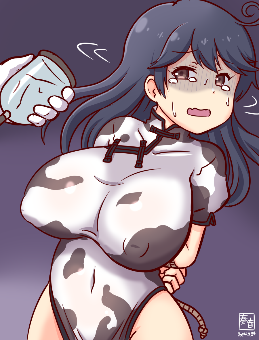 1girl 1other ahoge alternate_costume animal_print artist_logo black_background black_hair bound bound_arms breast_pump breasts brown_eyes china_dress chinese_clothes covered_navel covered_nipples cow_print cowboy_shot dated dress gradient_background kanon_(kurogane_knights) kantai_collection large_breasts long_hair milking_machine one-hour_drawing_challenge rope shaded_face tears tied_up_(nonsexual) ushio_(kancolle) white_dress