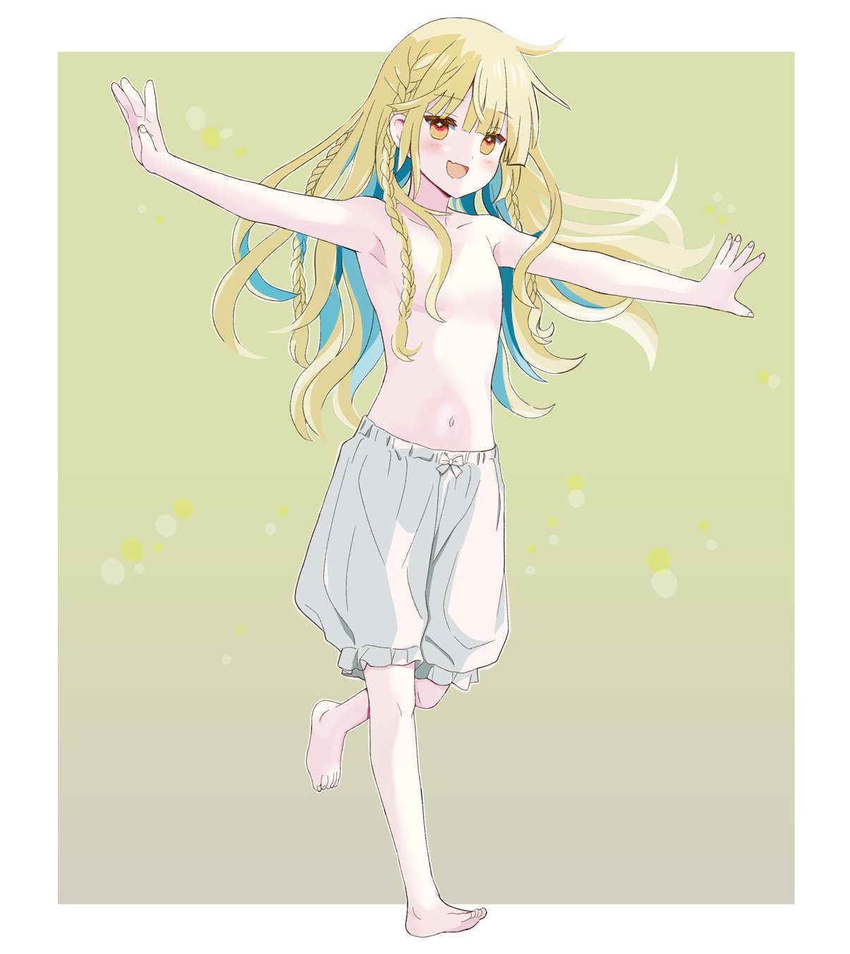 1boy :d barefoot blonde_hair blue_hair border braid collarbone commentary_request elden_ring frilled_shorts frills full_body gradient_background green_background highres long_hair male_focus miquella_(elden_ring) multicolored_hair multiple_braids navel oi_kamenoko open_mouth orange_eyes otoko_no_ko outside_border outstretched_arms shorts simple_background smile solo two-tone_hair walking white_border white_shorts