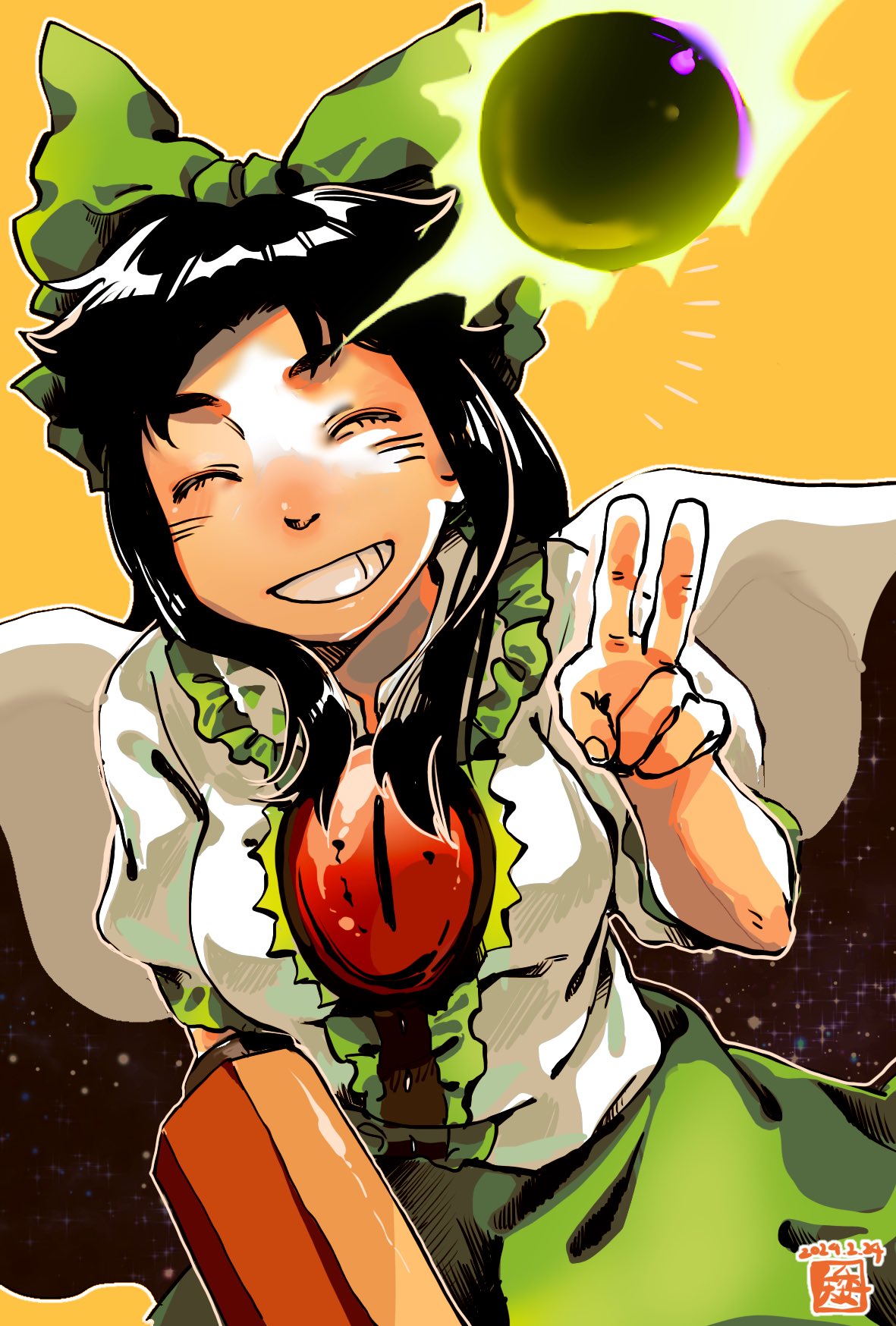 1girl arm_cannon black_hair black_sun bow breasts cape center_frills closed_eyes collared_shirt commentary control_rod cowboy_shot dated frilled_shirt_collar frills green_bow green_skirt grin hair_bow highres kokechankokko large_breasts long_hair medium_bangs no_wings orange_background parted_bangs puffy_short_sleeves puffy_sleeves reiuji_utsuho shirt short_sleeves simple_background skirt smile solo starry_sky_print sun symbol-only_commentary third_eye touhou two-sided_cape two-sided_fabric v weapon white_cape white_shirt