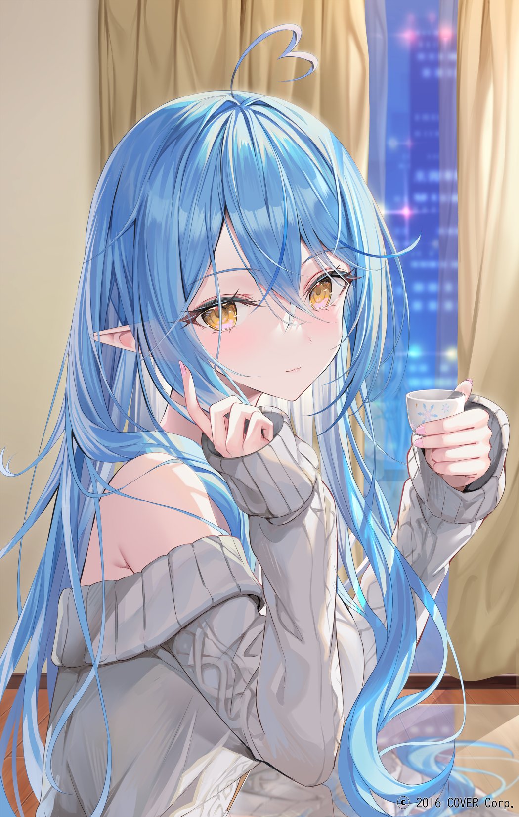 1girl ahoge alternate_costume bare_shoulders blue_hair choko_(cup) cityscape commentary copyright_notice cup curtains double-parted_bangs elbow_on_table from_side glass_table grey_sweater hair_between_eyes hair_over_shoulder hand_in_own_hair hands_up heart heart_ahoge highres holding holding_cup hololive indoors long_hair long_sleeves looking_at_viewer night off-shoulder_sweater off_shoulder official_art pink_nails pointy_ears reflection rin_yuu sitting sleeves_past_wrists solo sweater table virtual_youtuber wooden_floor yellow_eyes yukihana_lamy