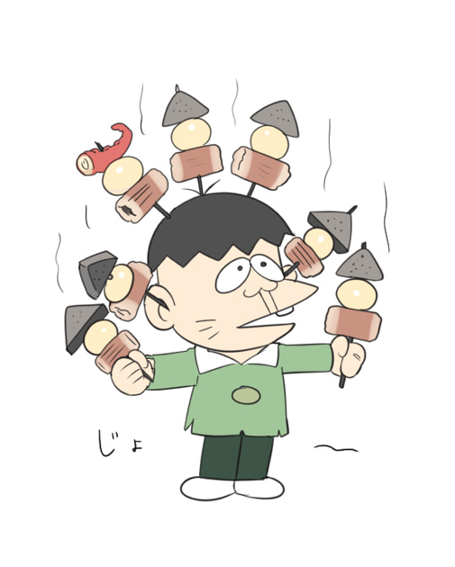 1boy black_hair buck_teeth buttons chikuwa egg facial_mark food garara382 green_shirt growing_out_of_body hatabou holding holding_food konnyaku_(food) oden open_mouth osomatsu-kun shirt steam teeth torn_clothes whisker_markings