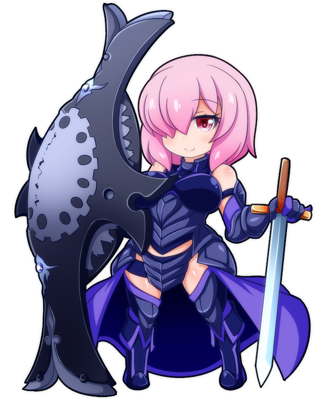 1girl armored_leotard bare_shoulders breasts chibi elbow_gloves fate/grand_order fate_(series) gloves hair_over_one_eye large_breasts looking_at_viewer mash_kyrielight oborotsuki_kakeru pink_eyes pink_hair purple_gloves purple_thighhighs shield short_hair smile solo sword thighhighs weapon