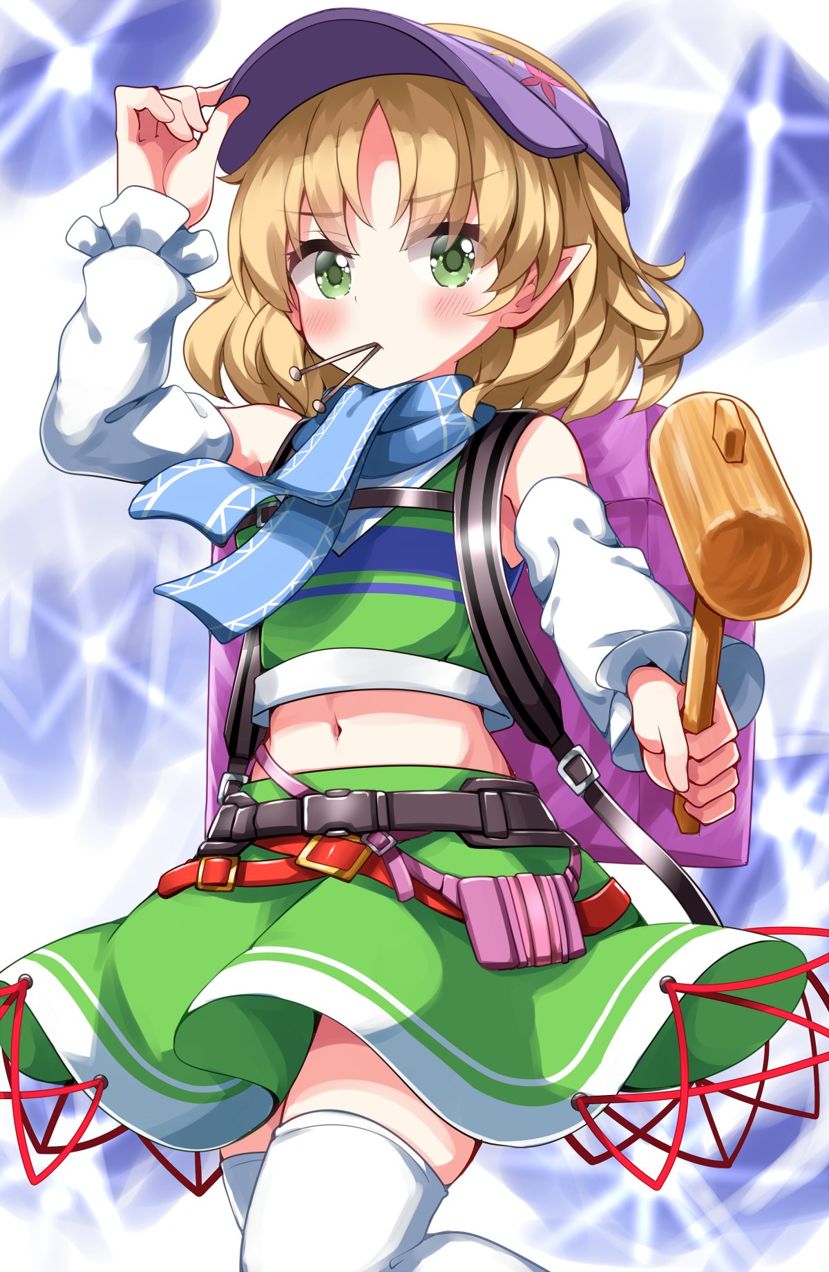 1girl alternate_costume backpack bag belt blonde_hair blue_background blue_scarf blush brown_belt commentary crop_top detached_sleeves feet_out_of_frame flat_chest green_eyes green_shirt green_skirt hand_on_headwear highres holding holding_mallet looking_at_viewer loose_belt mallet medium_bangs medium_hair midriff mizuhashi_parsee nail navel parted_bangs pointy_ears purple_bag purple_headwear red_belt ruu_(tksymkw) scarf shirt skirt skirt_set solo standing thighhighs touhou visor_cap white_sleeves white_thighhighs