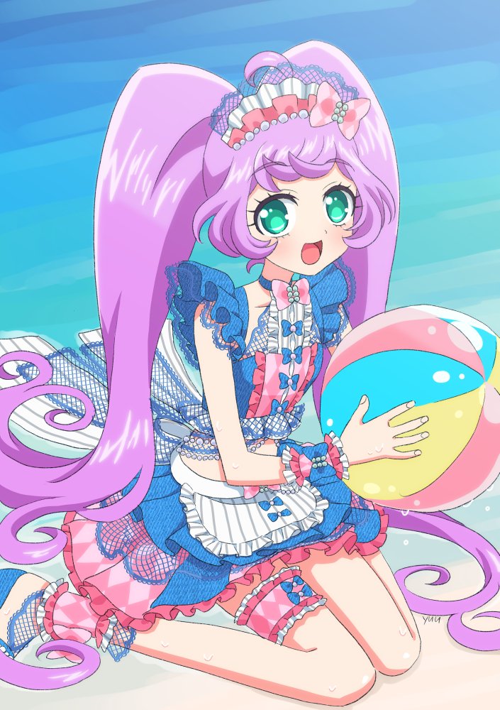 1girl :d ahoge ankle_cuffs apron ball beachball blue_bow blue_skirt bow center_frills commentary_request crop_top day frilled_skirt frills full_body green_eyes hair_bow holding holding_ball holding_beachball long_hair looking_at_viewer maid_headdress manaka_laala ocean open_mouth outdoors pink_bow pretty_series pripara purple_hair sandals sitting skirt smile solo summer_maid_coord thigh_strap twintails very_long_hair waist_apron wariza water wet white_apron yu_(prpyuu)