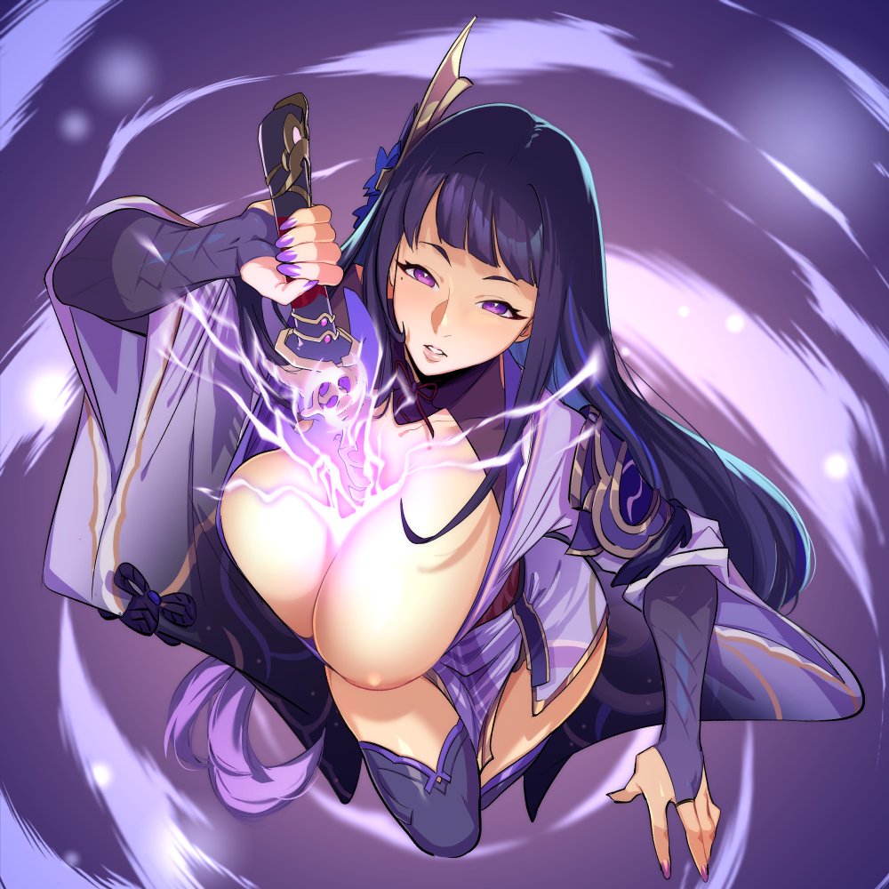 1girl areola_slip armor blunt_bangs breasts bridal_gauntlets cleavage drawing_sword electricity flower genshin_impact holding holding_sword holding_weapon human_scabbard japanese_clothes kimono kukumomo large_breasts long_hair musou_isshin_(genshin_impact) nail_polish purple_eyes purple_flower purple_kimono purple_nails raiden_shogun sheath shoulder_armor sword thighhighs unsheathing very_long_hair weapon