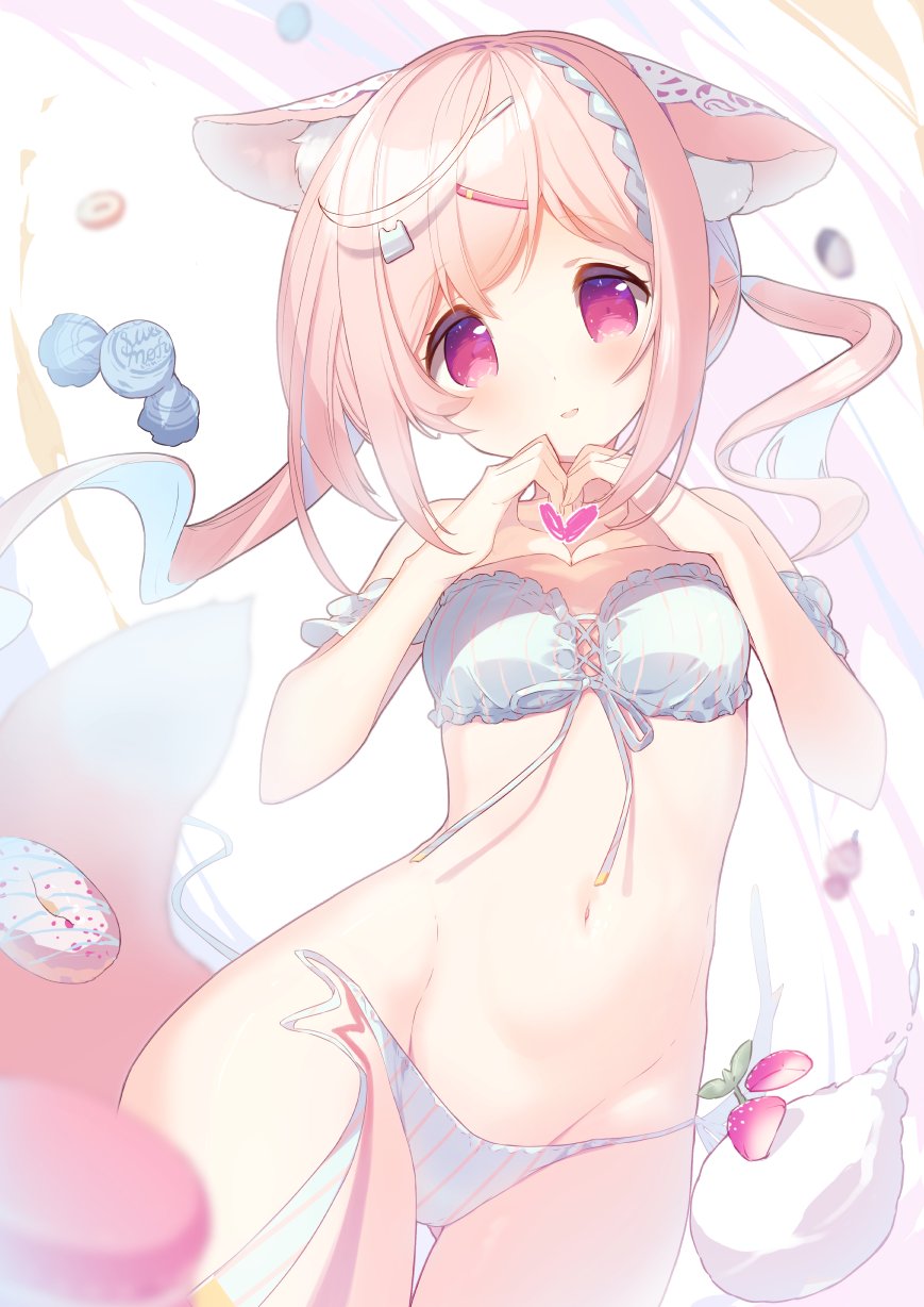 1girl ahoge amamiya_aki animal_ear_fluff animal_ears bare_shoulders blue_bow blue_hair bow braid braided_bangs breasts candy commentary cream doughnut food fox_ears fox_girl fox_tail fruit hair_ornament hairclip hairpin heart heart_hands highres lingerie long_hair looking_at_viewer low_twintails mofu-mofu_after_school mofumofu_channel multicolored_hair navel p19 panties parted_lips pink_eyes pink_hair side-tie_panties simple_background small_breasts smile solo strawberry striped_bow striped_clothes striped_panties symbol-only_commentary tail tareme twintails two-tone_hair underwear untied_panties