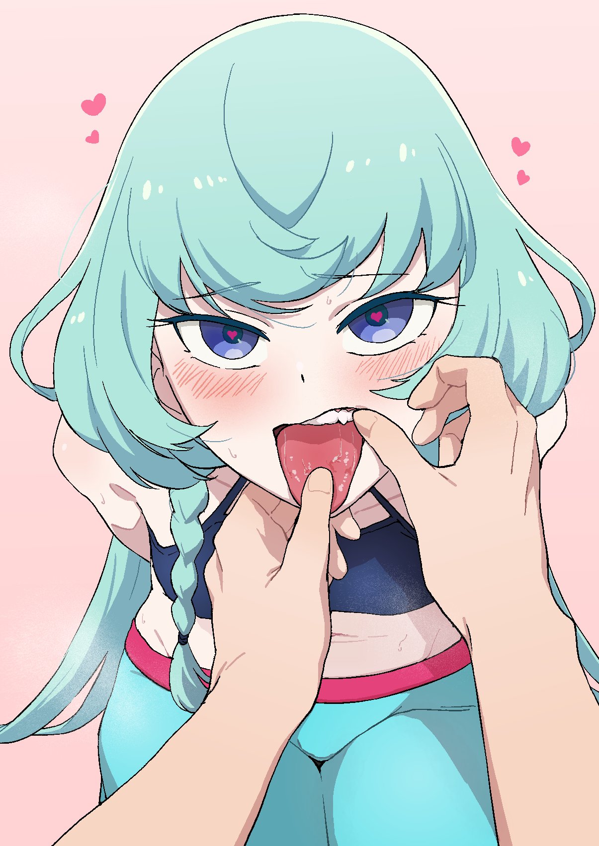 1boy 1girl aikatsu!_(series) aikatsu_friends! alicia_charlotte aqua_hair blue_eyes blush braid breasts heart heart-shaped_pupils highres long_hair looking_at_viewer mouth_pull navel open_mouth osame pov pov_hands saliva side_braid small_breasts symbol-shaped_pupils teeth tongue tongue_grab tongue_out