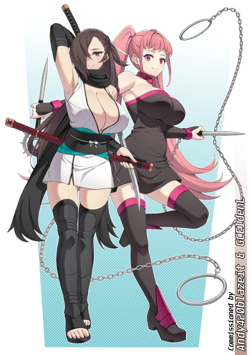2girls alternate_costume arm_up armpits bare_shoulders black_dress black_hair black_sash black_scarf black_thighhighs breasts brown_eyes chain cleavage collar commentary cosplay dress fate/grand_order fate_(series) fire_emblem fire_emblem:_three_houses fire_emblem_fates highres hilda_valentine_goneril japanese_clothes kagero_(fire_emblem) katana kimono large_breasts long_hair looking_at_viewer medusa_(fate) medusa_(rider)_(fate) medusa_(rider)_(fate)_(cosplay) multiple_girls mzrz obi okita_souji_(fate) okita_souji_(koha-ace) okita_souji_(koha-ace)_(cosplay) pink_collar pink_eyes pink_hair sash scabbard scarf sheath short_dress short_kimono sleeveless sleeveless_kimono smile strapless strapless_dress sword thighhighs toeless_footwear tube_dress twintails very_long_hair weapon white_kimono