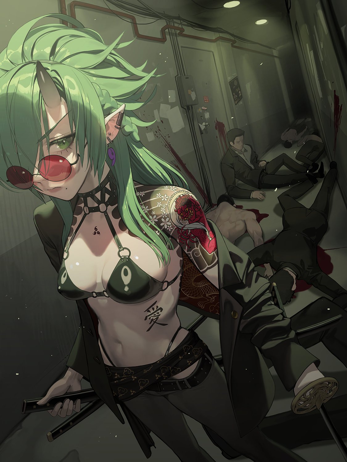 1girl 6+boys belt bikini bikini_top_only black_belt black_bikini black_choker black_jacket black_suit blood braid breasts ceiling_light choker circuit_breaker closed_mouth commentary ear_piercing earrings faceless faceless_male formal green_eyes green_hair grey_pants hallway highres holding holding_sheath holding_sword holding_weapon horns indoors industrial_pipe jacket jewelry light_particles long_hair long_sleeves looking_over_eyewear midriff mole mole_under_mouth multiple_boys multiple_piercings navel o-ring o-ring_top off_shoulder open_clothes open_jacket original pants piercing pointy_ears pool_of_blood red-tinted_eyewear round_eyewear serious sheath shoulder_tattoo skin-covered_horns small_breasts standing stomach_tattoo suit sunglasses swimsuit sword tattoo tinted_eyewear topless_male unsheathed weapon wire zig90
