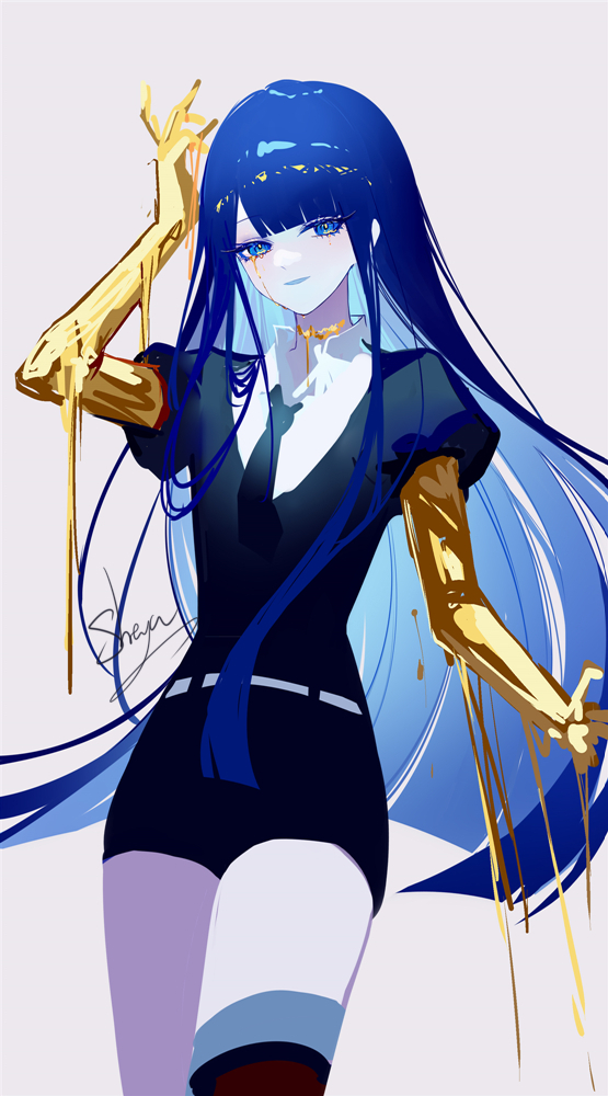 1other artist_name black_necktie blue_eyes blue_hair blunt_bangs commentary_request grey_background hand_up houseki_no_kuni lapis_lazuli_(houseki_no_kuni) long_hair looking_at_viewer necktie puffy_sleeves sheya signature simple_background solo very_long_hair