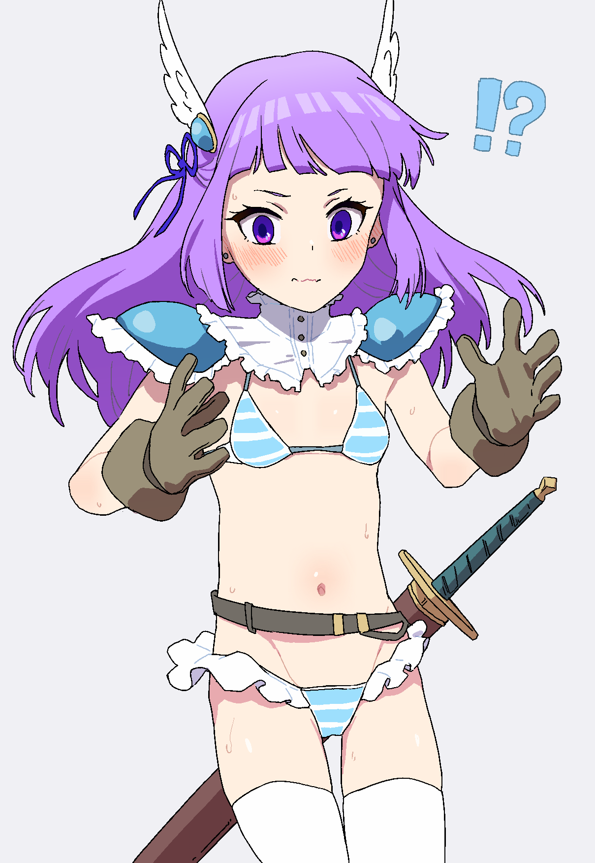 !? 1girl aikatsu! aikatsu!_(series) armor bikini blue_ribbon blunt_bangs blush breasts earrings gloves hair_ribbon highres hikami_sumire jewelry long_hair navel osame purple_eyes purple_hair ribbon sheath sheathed shoulder_armor small_breasts solo striped_bikini striped_clothes stud_earrings surprised sweat swimsuit sword thigh_gap thighhighs wavy_mouth weapon white_thighhighs wing_hair_ornament