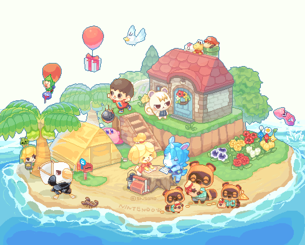 3girls 6+boys :o ^_^ animal_crossing animal_ears ashisu_(shisono) ball balloon bare_arms bare_shoulders big_nose bird bird_boy black_eyes black_shorts blonde_hair blue_eyes blue_footwear blue_pikmin blue_shirt blue_skin blue_vest blush_stickers bottomless bowling_ball brothers brown_eyes brown_footwear brown_hair bud butterfly_net buttons cabbie_hat character_request closed_eyes closed_mouth coin collared_shirt colored_skin commentary_request copyright_request creature creature_on_head crossover denim_vest dog_ears dog_girl dog_tail dropping facial_hair flag flower flower_request flower_wreath flying furry furry_female furry_male gift gold_coin gooey_(kirby) green_headwear green_pants green_shorts green_sleeves green_tunic grey_shorts hand_net hat hawaiian_shirt holding holding_butterfly_net holding_creature holding_flag holding_sack holding_shield horns horse_ears horse_tail house inkling inkling_player_character isabelle_(animal_crossing) island kirby kirby_(series) link lobster long_sleeves looking_at_object mailbox_(incoming_mail) mallow_(mario) mario mario_(series) multiple_boys multiple_girls mustache no_mouth no_shoes nostrils ocean open_mouth outdoors pansy pants paper pikmin_(creature) pikmin_(series) pink_skin pixel_art pointy_ears pointy_hat pointy_nose raccoon_boy raccoon_ears raccoon_tail red_flower red_footwear red_headwear red_pikmin red_rose red_shirt red_skin red_sleeves rose sack shield shirt shoes short_hair short_sleeves shorts siblings single_horn sky sleeveless sleeveless_shirt smile sneakers solid_oval_eyes splashing splatoon_(series) squid squirrel_ears squirrel_girl squirrel_tail star_(sky) star_(symbol) star_print t-shirt tail tent the_legend_of_zelda timmy_(animal_crossing) tingle tom_nook_(animal_crossing) tommy_(animal_crossing) toon_link topknot tree tree_stump tulip turtleneck_shirt twins twitter_username unicorn_girl v-shaped_eyes vest villager_(animal_crossing) warp_pipe white_bird white_flower white_horns white_shorts white_sky yellow_flower yellow_pikmin yellow_rose yellow_skin