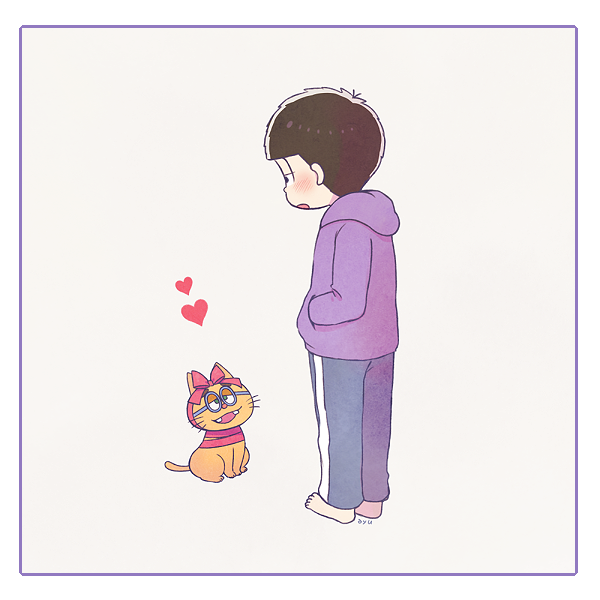 ayu_(mog) bad_id bad_pixiv_id barefoot black_hair cat esper_nyanko hands_in_pockets heart hood hoodie male_focus matsuno_ichimatsu open_mouth osomatsu-kun osomatsu-san ribbon smile