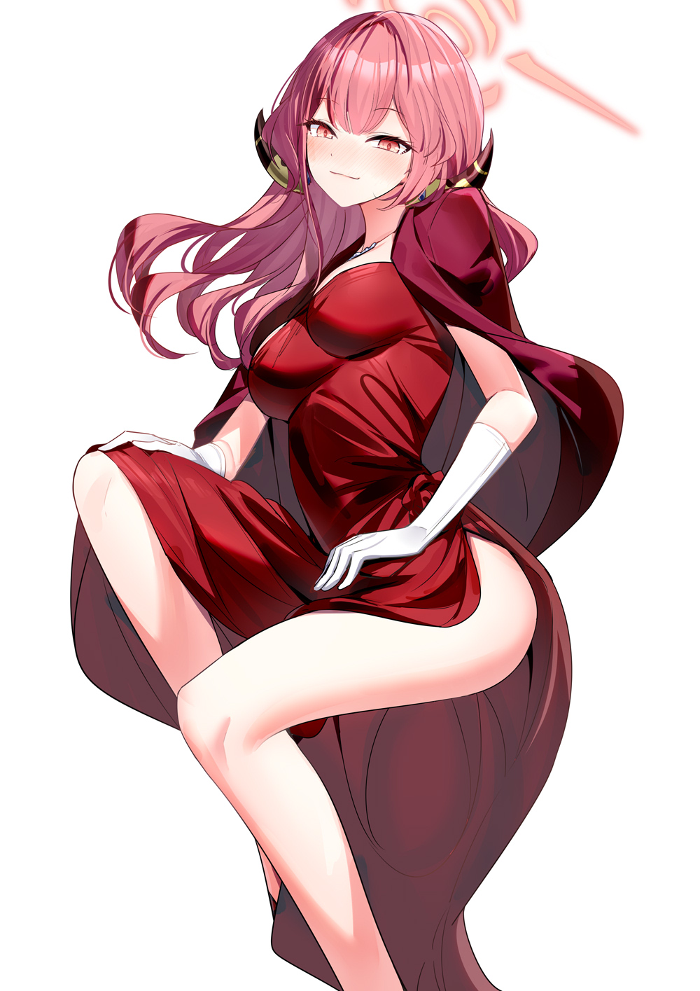 1girl aru_(blue_archive) aru_(dress)_(blue_archive) blue_archive blush breasts closed_mouth coat coat_on_shoulders commentary_request dress elbow_gloves foot_out_of_frame gloves halo highres horns jewelry large_breasts legs long_hair looking_at_viewer necklace pink_hair red_coat red_dress red_eyes ririko_(zhuoyandesailaer) side_slit simple_background smile solo thighs white_background white_gloves