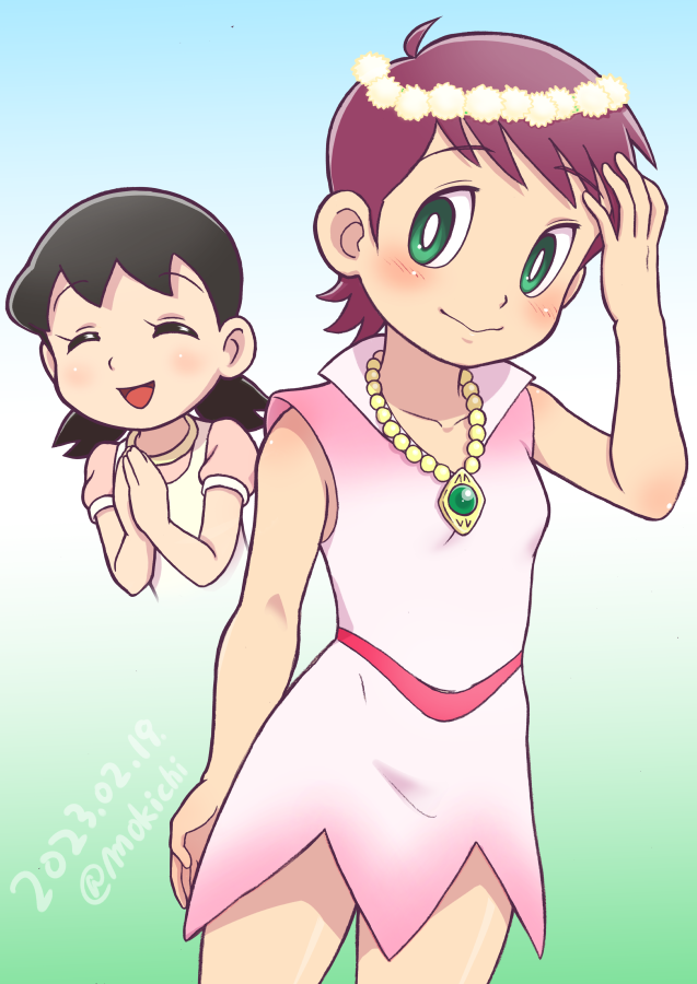 2girls androgynous bead_necklace beads black_hair breasts commentary_request dated doraemon dress gradient_background green_eyes jewelry low_twintails mangetsu_miyoko minamoto_shizuka mochi-iri_kinchaku multiple_girls necklace own_hands_together red_hair short_dress short_hair small_breasts twintails twitter_username