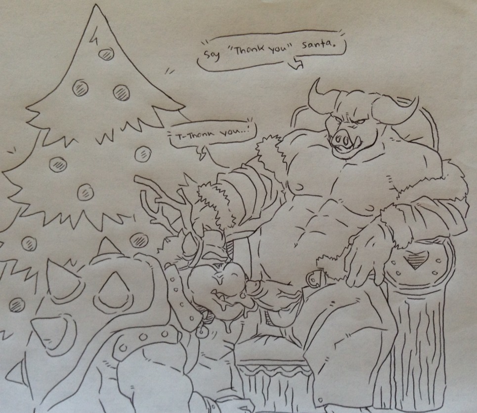 abs antlers balls bodily_fluids bottomwear bowser christmas christmas_tree clothed clothing collar cum cum_on_face cum_on_tongue duo erection fellatio genital_fluids genitals holidays horn koopa licking male male/male mario_and_luigi_(series) mario_bros midbus monster nintendo nipples open_bottomwear open_clothing open_pants oral pants pecs penile penis penis_lick plant scalie sex shell sitting spiked_collar spiked_shell spikes spikes_(anatomy) tongue tongue_out traditional_media_(artwork) tree wuffinarts