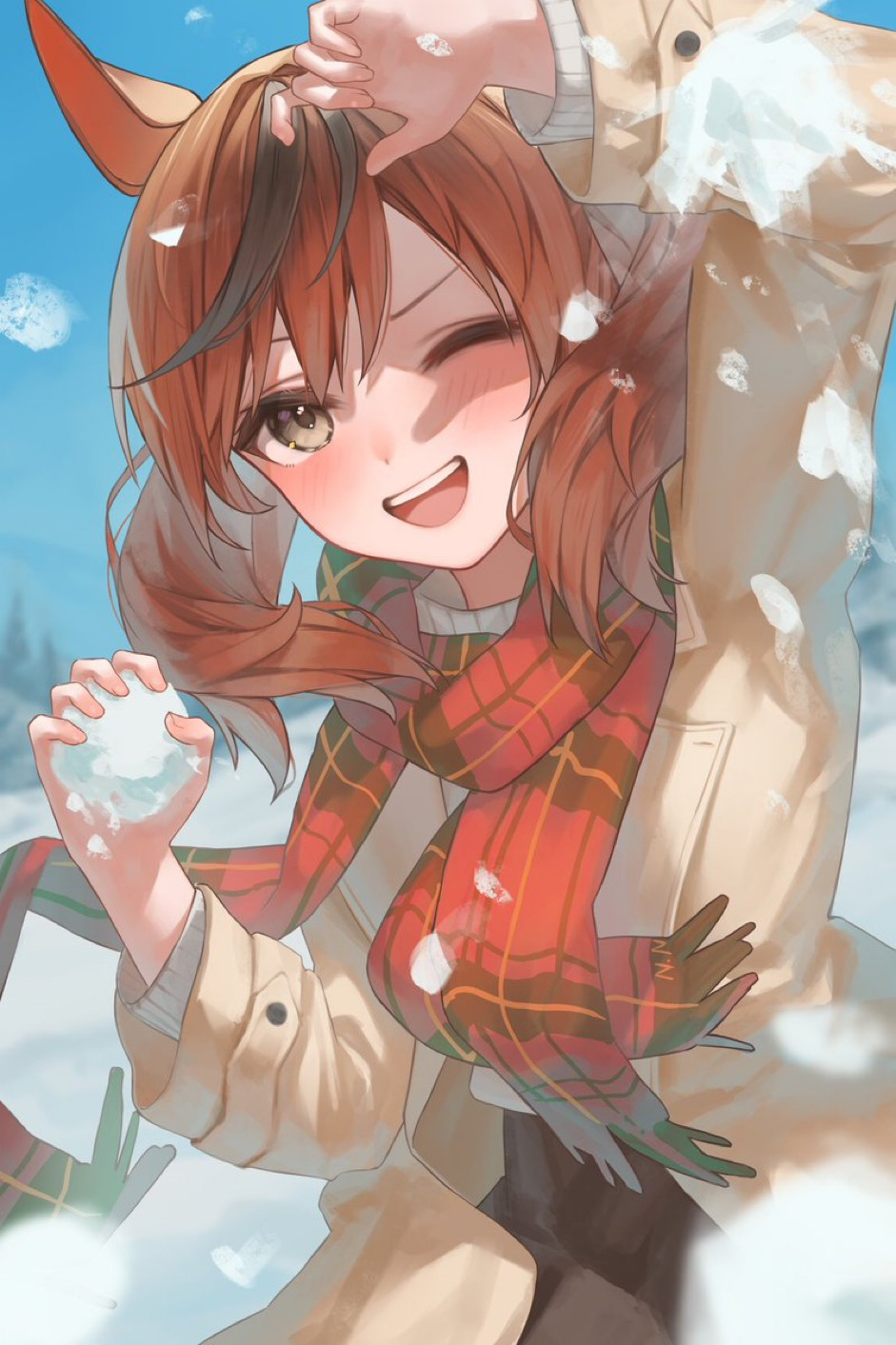 1girl ;d animal_ears black_skirt blue_eyes blurry blurry_background breasts brown_coat brown_eyes brown_hair coat commentary_request day grey_eyes highres holding_snowball horse_ears horse_girl looking_at_viewer medium_hair multicolored_hair nice_nature_(umamusume) one_eye_closed open_mouth outdoors pulmo_(artist) red_scarf scarf skirt small_breasts smile snowball snowball_fight solo streaked_hair sweater teeth twintails umamusume upper_body upper_teeth_only white_sweater