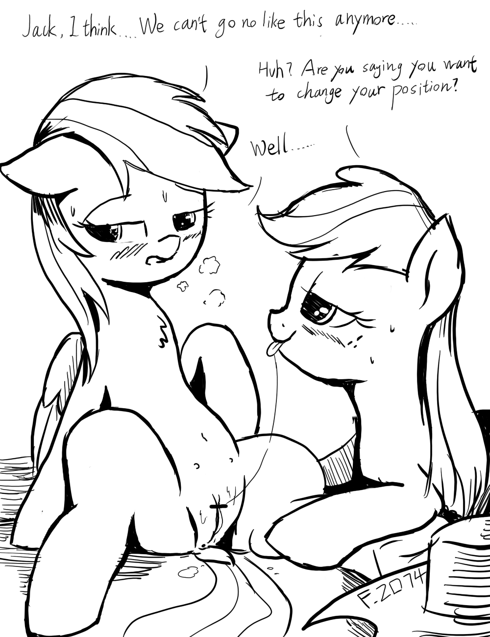 ... 2016 2074 ? applejack_(mlp) blush censored dialogue dock duo earth_pony english_text equine female female/female feral friendship_is_magic hair half-closed_eyes horse ineffective_censorship looking_away mammal monochrome my_little_pony pegasus pony presenting presenting_pussy pussy pussy_juice rainbow_dash_(mlp) reclining saliva saliva_string sex simple_background spread_legs spreading sweat teats text tongue tongue_out vaginal white_background wings