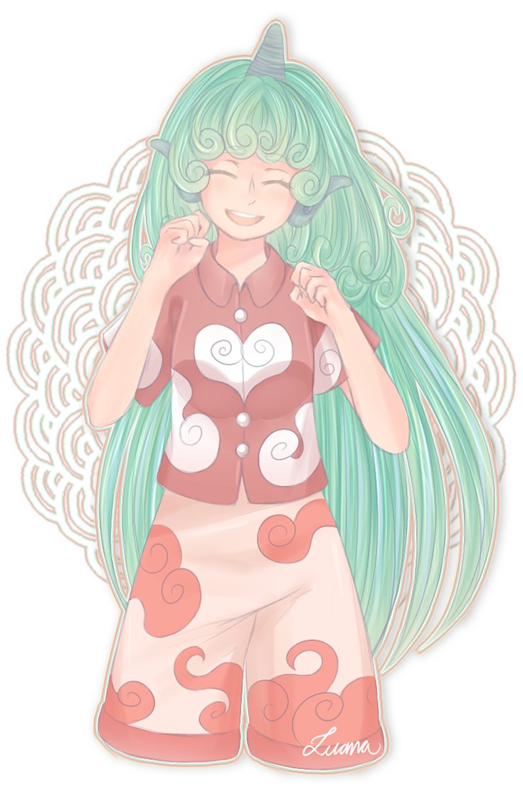 1girl :d closed_eyes cloud_print collared_shirt commentary curly_hair english_commentary facing_viewer green_hair heart heart_print horns komano_aunn long_hair mocchite open_mouth red_shirt shirt short_sleeves shorts signature single_horn smile solo teeth touhou upper_teeth_only white_shorts