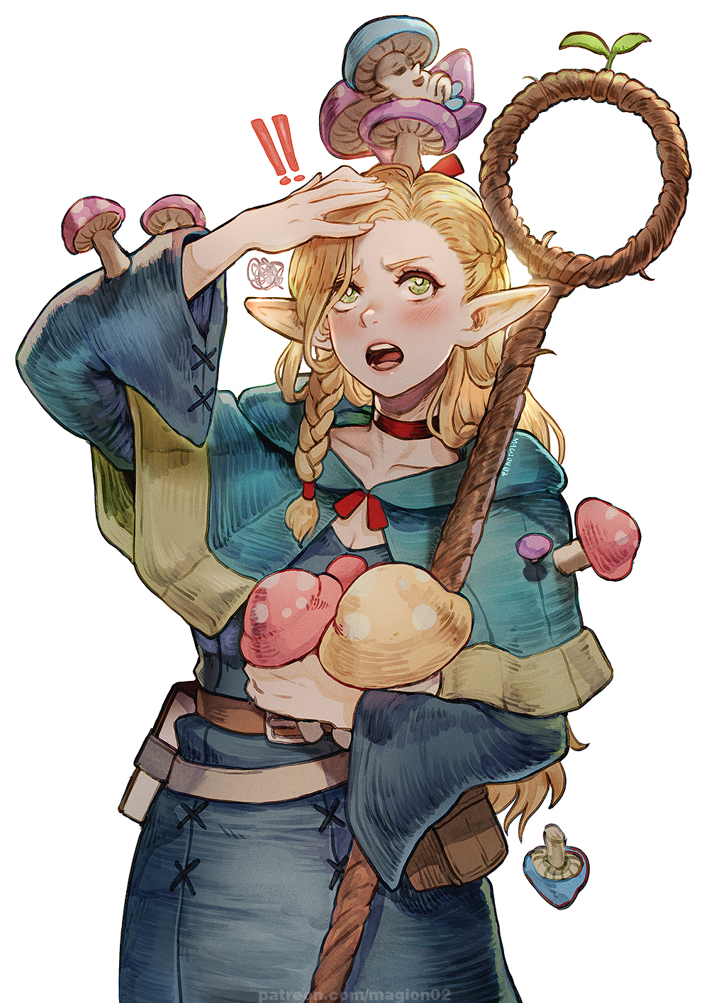 ! !! blonde_hair blue_robe blush braid dungeon_meshi elf green_eyes highres holding holding_mushroom holding_staff hood magion02 marcille_donato mushroom pointy_ears robe staff