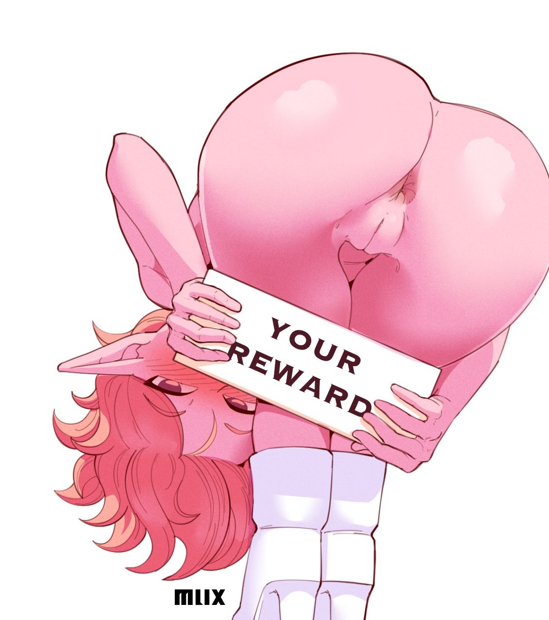 1girl anus ass bent_over blush chronoa colored_skin dragon_ball dragon_ball_heroes dragon_ball_xenoverse from_behind highres holding holding_sign looking_at_viewer looking_back medium_hair mlix nude pink_hair pink_skin pointy_ears presenting presenting_ass pussy sign solo white_footwear