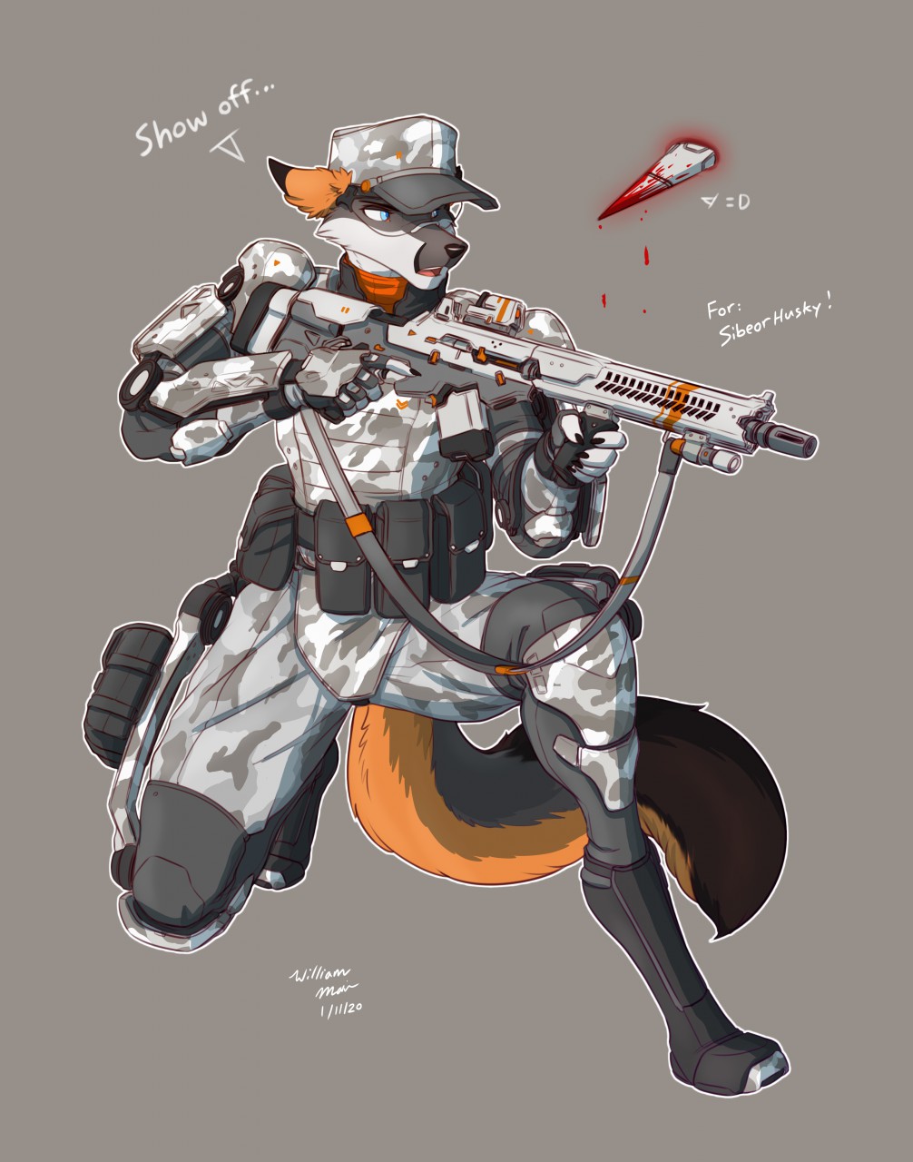 anthro armor canid canine fox grey_fox gun hi_res male mammal ranged_weapon rifle sibeor_(sibeorhusky) solo urocyon weapon wmdiscovery93