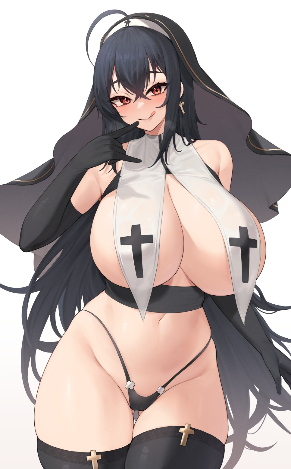 1girl :q ahoge azur_lane bare_shoulders black_gloves black_hair black_panties black_thighhighs breast_curtains breasts cowboy_shot elbow_gloves gloves groin hairband head_tilt highres kuavera large_breasts long_hair navel panties red_eyes sidelocks simple_background solo standing stomach taihou_(azur_lane) thighhighs thighs tongue tongue_out underwear veil very_long_hair white_background white_hairband
