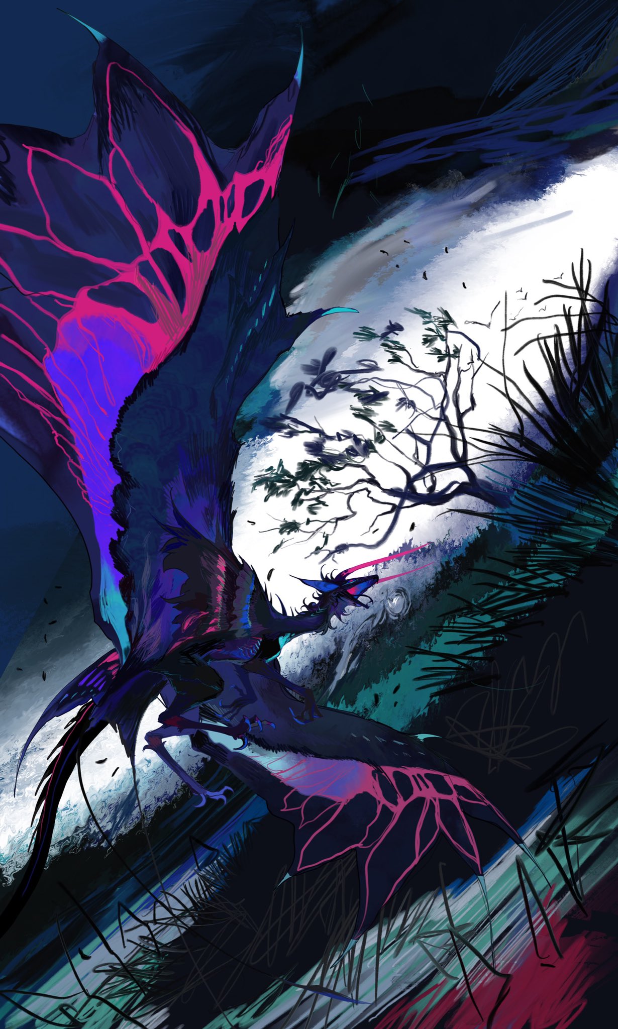 animal animal_focus bird blue_feathers blue_wings creature feathers flying grass highres kamikiririp no_humans open_mouth original outdoors pink_eyes pink_feathers purple_feathers purple_wings sky tree water wings