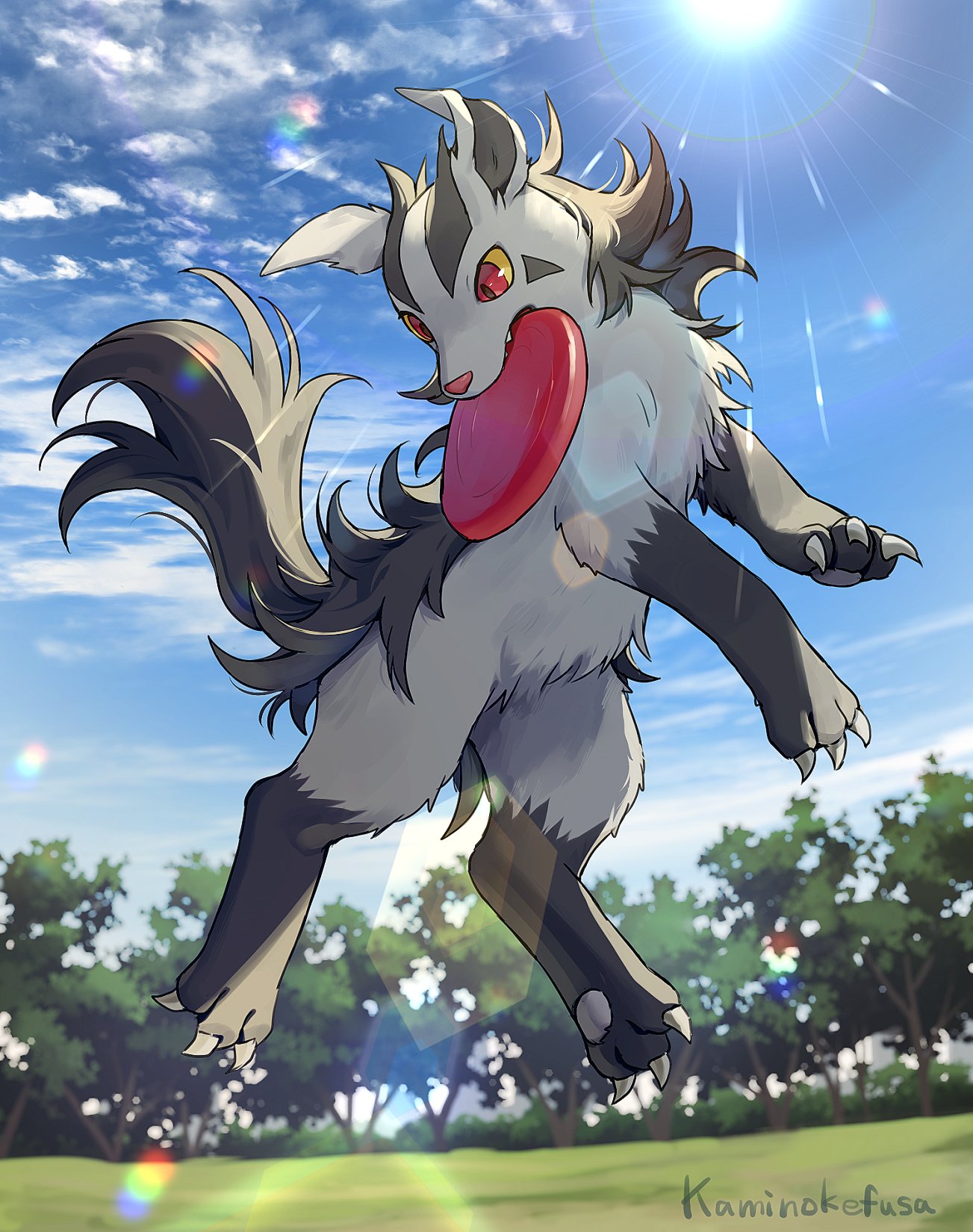 animal_focus artist_name black_fur blue_sky claws cloud colored_sclera commentary_request frisbee grey_fur highres jumping kaminokefusa mightyena no_humans outdoors pokemon pokemon_(creature) red_eyes sky snout sun sunlight twitter_username two-tone_fur yellow_sclera