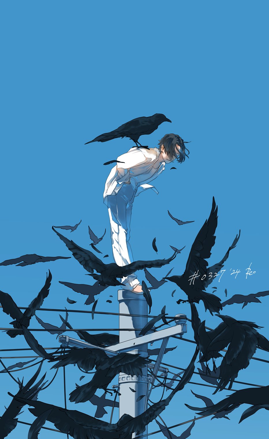 1boy bent_over bird bird_on_back black_hair blue_sky clear_sky covered_face crow dated day facing_down falling_feathers feathers hands_in_pockets highres jacket long_sleeves male_focus on_top_of_pole open_clothes open_jacket original outdoors pants parted_bangs power_lines rido_(ridograph) shirt short_hair sidelocks signature sky solo utility_pole white_jacket white_pants white_shirt wide_shot