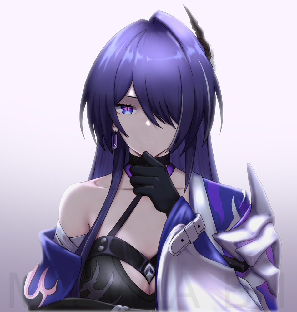 1girl acheron_(honkai:_star_rail) bandaged_arm bandages black_choker black_gloves blue_eyes breasts choker cleavage commentary gloves hair_ornament hair_over_one_eye hand_up honkai:_star_rail honkai_(series) long_hair looking_at_viewer mb_(mbisnotmybad) purple_background purple_hair single_bare_shoulder solo upper_body very_long_hair
