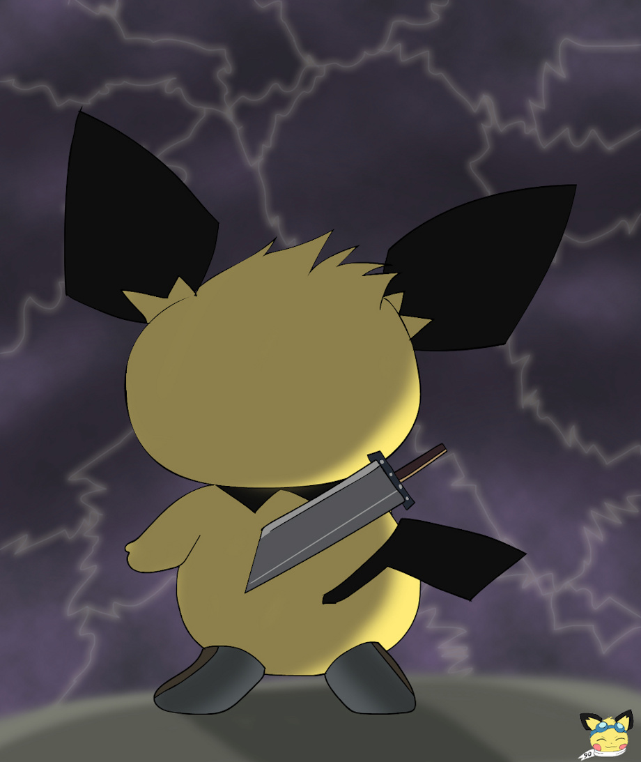 black_body black_fur butt clothing electricity feral footwear fur generation_2_pokemon lightning male melee_weapon nintendo pichu pichu90 pokemon pokemon_(species) rear_view shoes solo sword weapon yellow_body yellow_fur