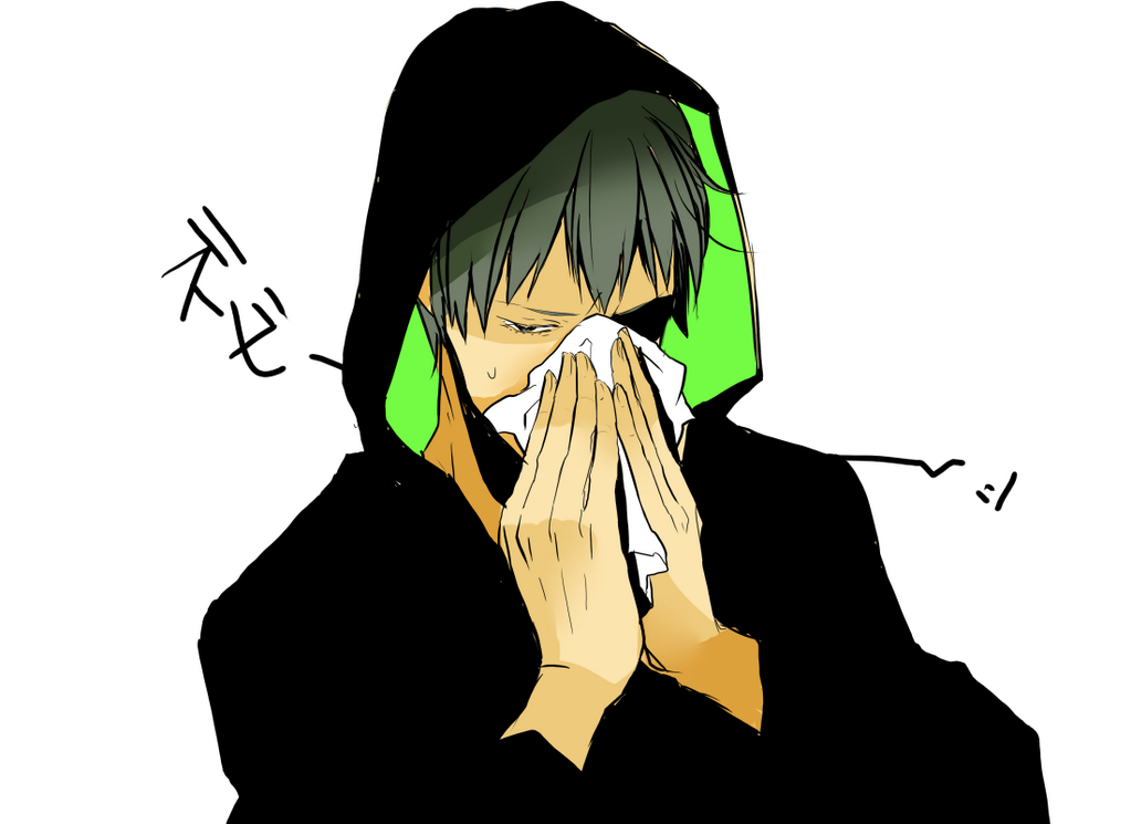 1boy black_eyes black_hair black_hood black_hoodie black_sleeves commentary_request covered_mouth eoheoh fingernails fuyuumare green_hood half-closed_eyes holding_tissue hood hood_up hoodie long_sleeves m.s.s_project male_focus short_hair simple_background sneezing solo sweatdrop two-sided_hood upper_body white_background