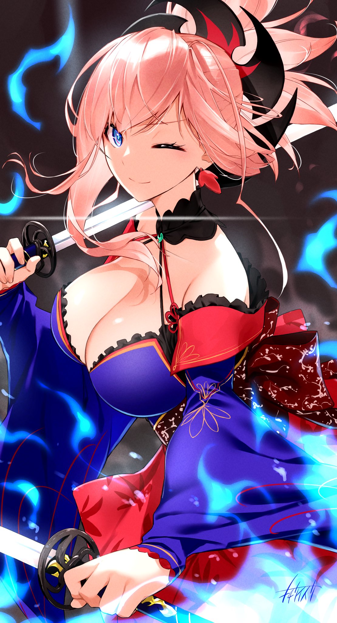 1girl blue_eyes blue_fire blue_kimono blush breasts cleavage detached_sleeves earrings fate/grand_order fate_(series) fire hair_ornament highres japanese_clothes jewelry katana kimono large_breasts long_hair looking_at_viewer miyamoto_musashi_(fate) miyamoto_musashi_(third_ascension)_(fate) obi one_eye_closed pink_hair ponytail sash short_kimono sleeveless sleeveless_kimono solo swept_bangs sword tochi_keisuke weapon wide_sleeves