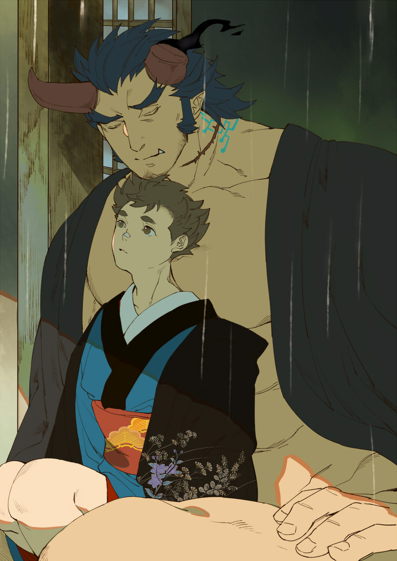 2boys bandaid bandaid_on_face bandaid_on_nose bara blue_hair blue_kimono broken_horn brown_eyes brown_hair closed_eyes closed_mouth commentary_request dark_blue_hair demon_boy demon_horns facial_hair fiery_horns floral_print forked_eyebrows hinokumo_f horns japanese_clothes kimono large_pectorals long_sideburns male_focus mature_male medium_hair multiple_boys muscular muscular_male open_clothes open_kimono pectorals protagonist_1_(housamo) rain red_sash sash scar short_hair sideburns size_difference takemaru_(housamo) thick_eyebrows tokyo_afterschool_summoners tusks yaoi